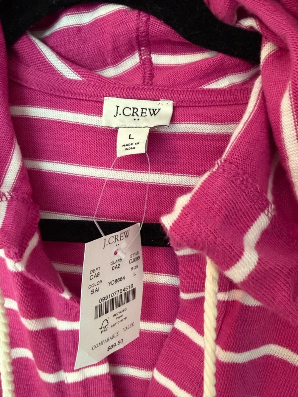 J. Crew Pink and White Striped Hooded Long Sleeve Top